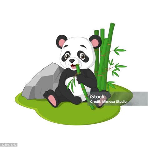 Lucu Bayi Panda Duduk Dengan Makan Batang Bambu Ilustrasi Stok - Unduh ...