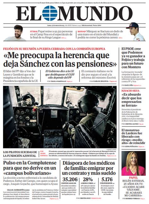 Portada De El Mundo Del Lunes De Marzo De Medios