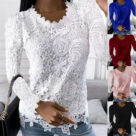 Summer Fashion Woman Pulovers Blouses Lace Hollow Out Long Sleeves