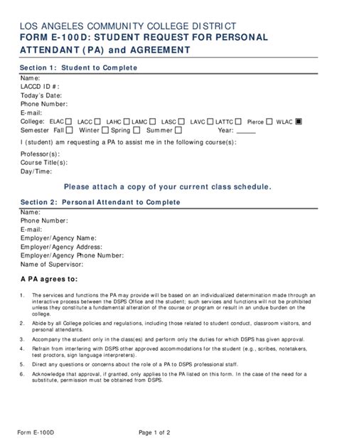 Fillable Online FORM E 100D STUDENT REQUEST FOR PERSONAL ATTENDANT