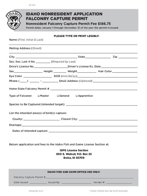 Fillable Online Idfg Idaho Application Form For A Falconry Permit Fax