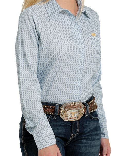 Womens Cinch Light Blue Pinstripe Print Arena Flex Long Sleeve Button Western Shirt Cowpokes