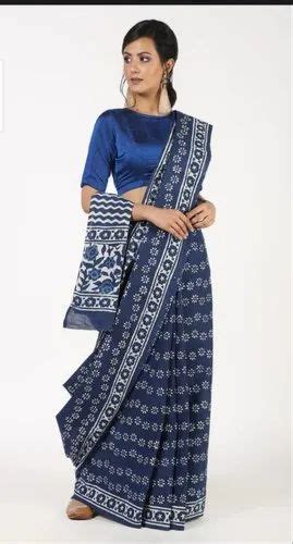 Cotton Hand Block Printed Bagru Indigo Dabu Saree With Unstitched