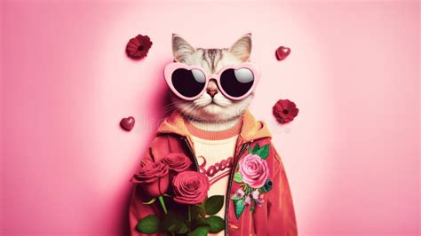 Cute Funny Cat Holding with Bouquet of Roses in Valentines Day Concept ...