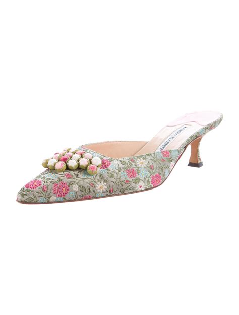 Manolo Blahnik Floral Jacquard Mules Green Pumps Shoes Moo66786