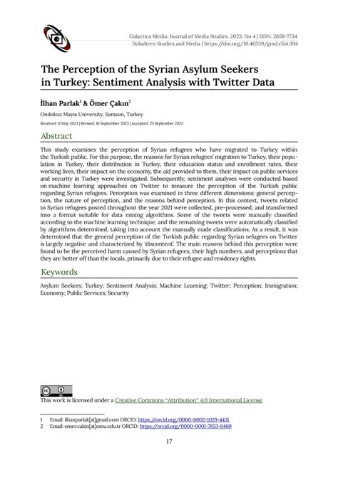 Pdf The Perception Of The Syrian Asylum Seekers In Turkey Sentiment