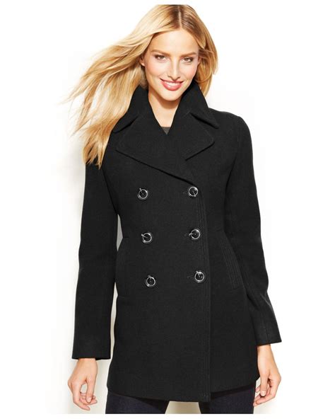 Kenneth Cole Reaction Petite Double Breasted Wool Blend Pea Coat In