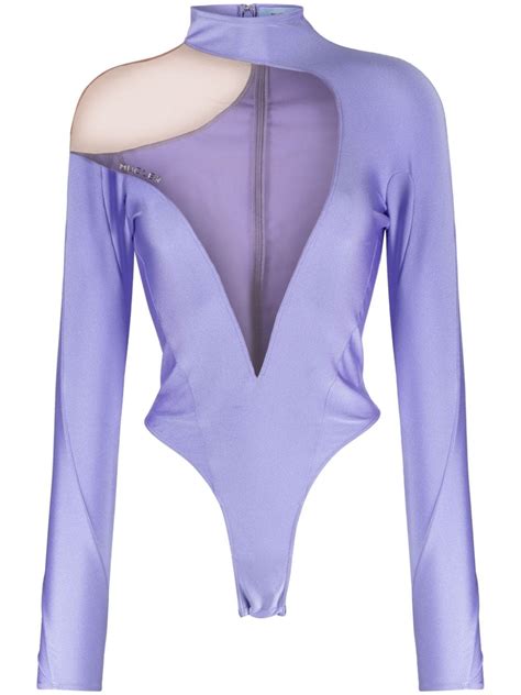 Mugler Illusion Asymmetric Bodysuit Top Purple Farfetch