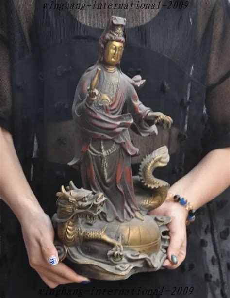 Crafts Statue Old China Buddhism Bronze Gilt Dragon Turtle Guanyin Kwan