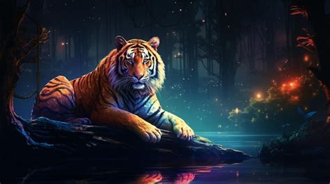 Tigre sentado orilla del río luces de neón imagen de fondo de pantalla