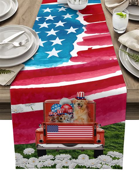 Th Of July Table Runners American Flag Truck Cute Golden Retrieve