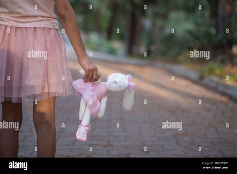 Sad Girl Hugging Teddy Bear Sadness Alone In Green Garden Park Lonely