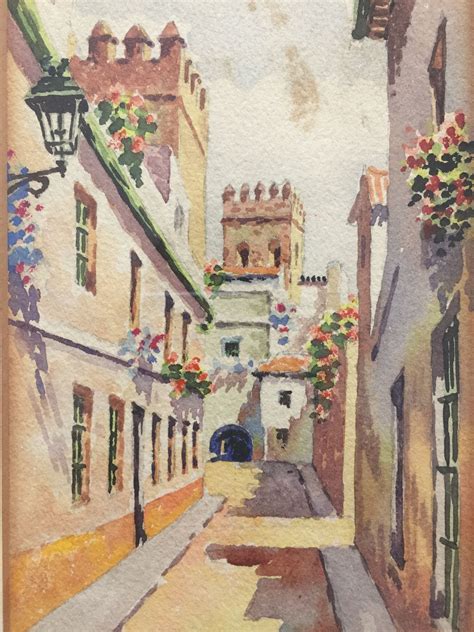 Vintage Watercolor Painting European City Street Scene Etsy Street