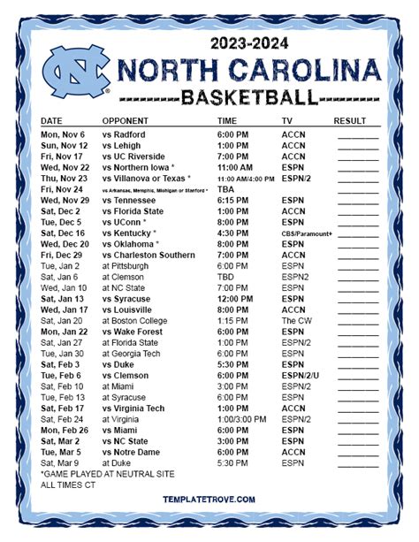 Printable North Carolina Tarheels Basketball Schedule