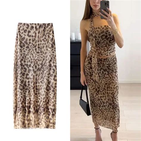 Traf Leopard Print Tulle Skirt Woman Vintage High Waist Long Skirts For