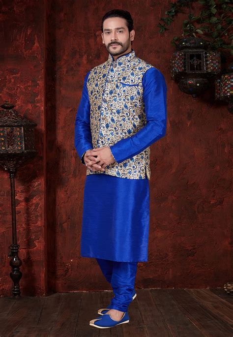 Blue Art Dupion Readymade Kurta Pajama With Jacket 166819 Nehru Jackets How To Wear Dupion Silk