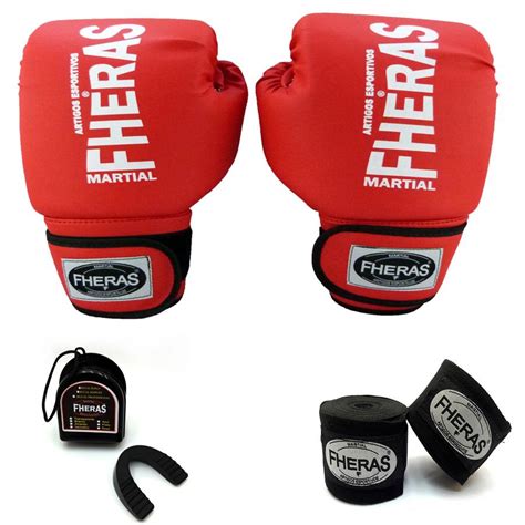 Kit Boxe Muay Thai Fheras Luva Bandagem Bucal Oz Vermelha Promo O Em