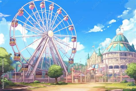 Theme park amusement park animation background with Ferris wheel anime ...