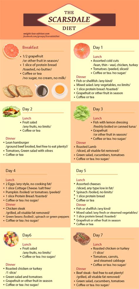 Scarsdale Diet Infographic - Day 1 to Day 7 - Weight Loss Adviser