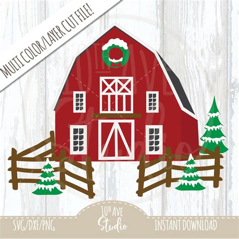 Christmas Barn Winter Scene With Wreath Snow Multi Etsy