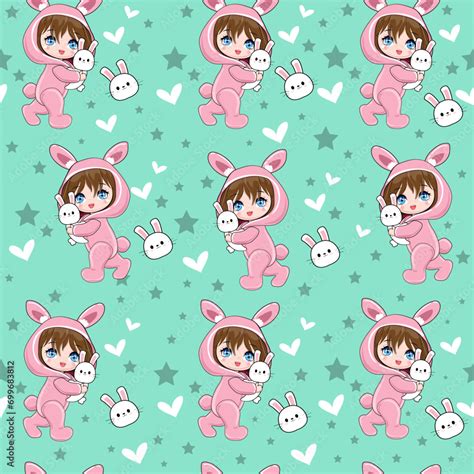 Cute Cartoon Anime Girls And Bunny On A Mentol Background Seamless Pattern Anime Vector