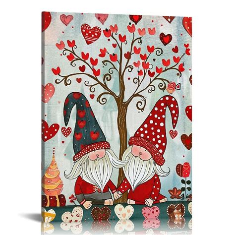 Chilfamy Valentine Framed Canvas Wall Art For Living Room Gnome Red