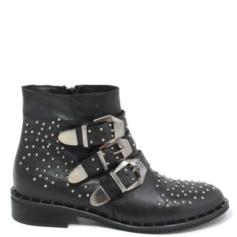 Studded Ankle Boots In Genuine Leather Black Made In Italy