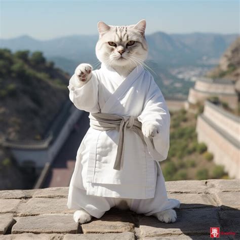 Premium Photo Araffe Cat Dressed In A White Robe Sitting On A Ledge