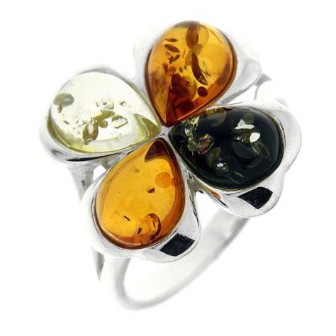 Bague Fleur Ambre Multicolore Sur Argent Ref