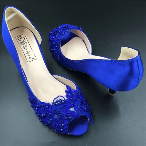 Low Heels Royalblue Peep Toe Wedding Shoes Women Bridal Open Toe Heels Teen Girls Satin Wedding