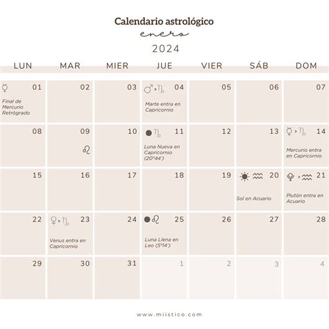 Calendario Astrológico De Enero 2024 Miistico