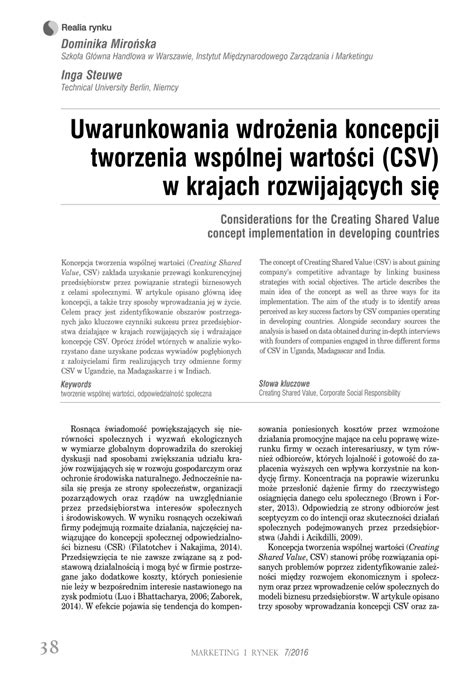 Pdf Uwarunkowania Wdro Enia Koncepcji Tworzenia Wsp Lnej Warto Ci