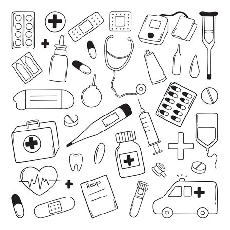 Hand Drawn Set Of Medicine Doodles Medicine Equipment Drugs Pills