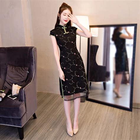 Shanghai Story Black Short Vietnam Ao Dai Lace Chinese Traditional