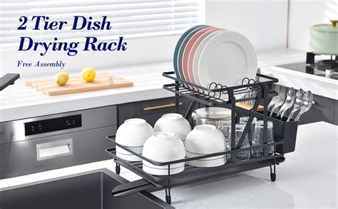 APEXCHASER 2 Tier Dish Drying Rack Free Assembly Dish Drainer With 360