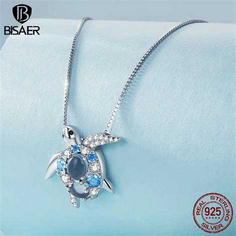 925 Silver Sea Turtle Necklace Blue Zircon Pendant Bisaer Sea