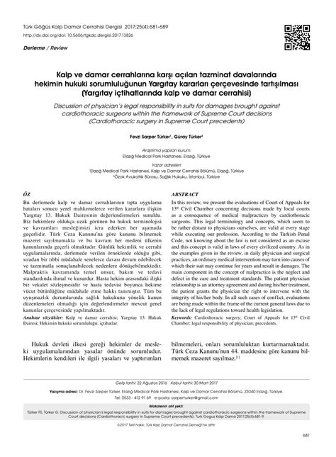 Pdf Kalp Ve Damar Cerrahlarina Kar I A Ilan Tazminat Davalarinda