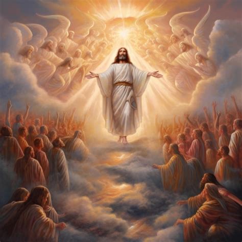 Premium AI Image A Jesus Standing On A Cloud With Angels Behind Him