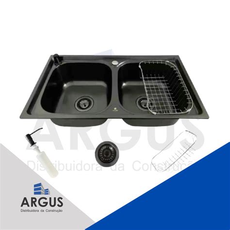 CUBA DUPLA GOURMET EM AÇO INOX BLACK 78x43CM C ACESSÓRIOS