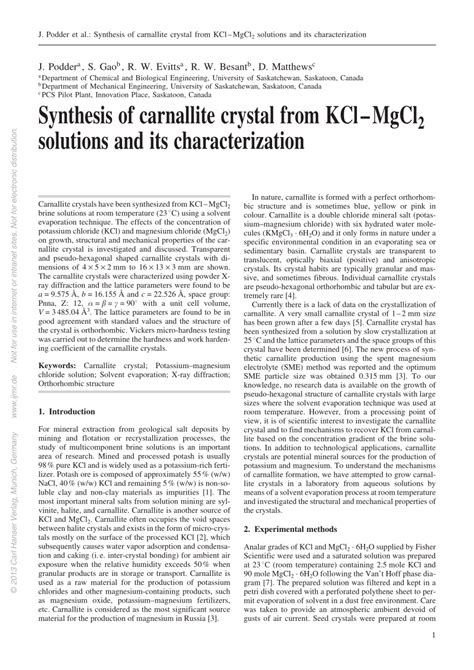 (PDF) Synthesis of carnallite crystal from KCl-MgCl2 solutions and its ...