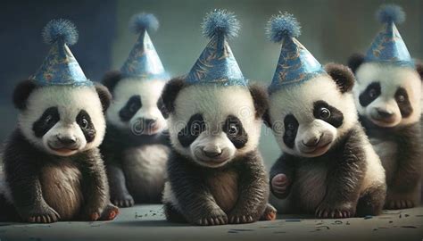 Happy Celebrating Panda Pandas Wearing Party Hat Happy Birthday Stock