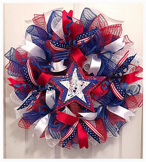 Patriotic Deco Mesh Wreath Labor Day Wreath Red White And Etsy