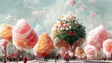 Une rue avec des arbres en barbe à papa et des bonbons par une belle