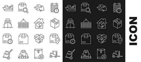 세트 라인 지게차 트럭 골판지 상자 판지 컨테이너 크레인화물 선 상자 배달 및 홈 서비스 아이콘위치 벡터 감시에 대한 스톡 벡터