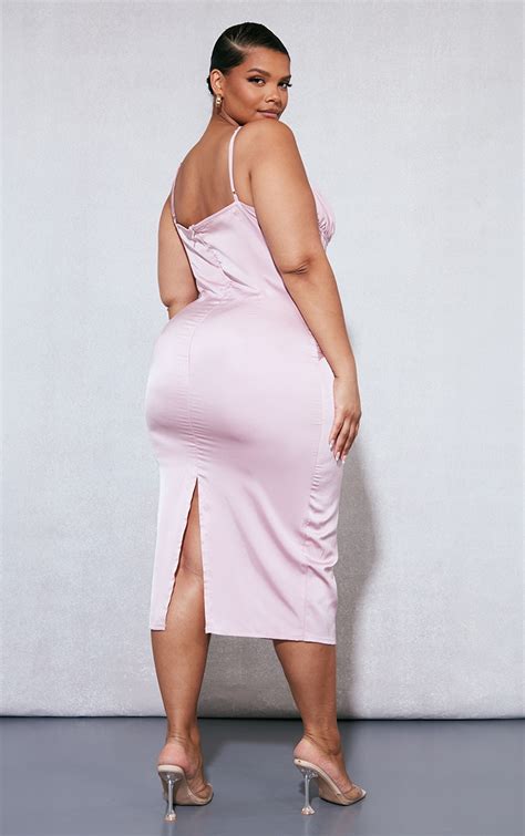 Plus Dusty Pink Ruched Bust Satin Midi Dress Prettylittlething Usa