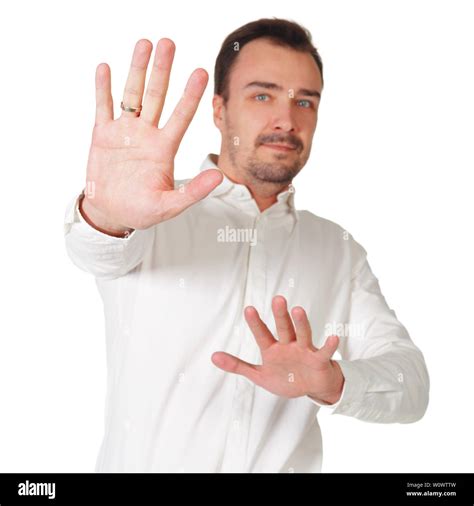 Portrait Of A Casual Man Showing Stop Sign Stock Photo Alamy