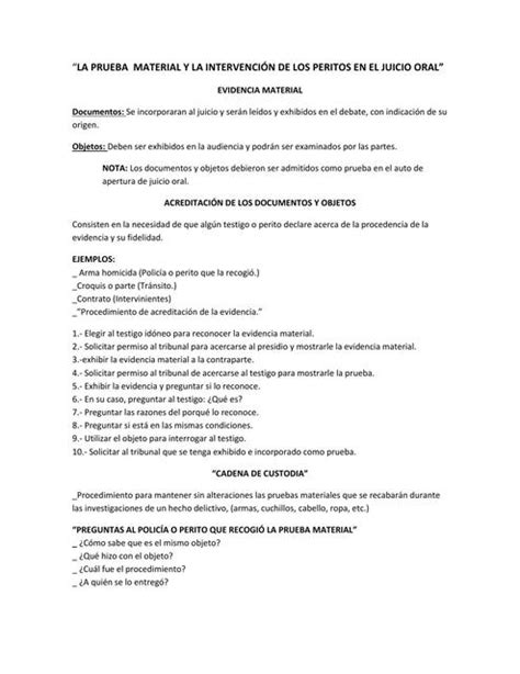 La Prueba Material Y La Intervenci N De Los Peritos En El Juicio Oral