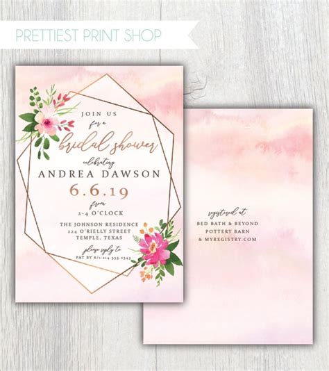 Printable Floral Geometric Bridal Shower Invitation Rose Gold Frame