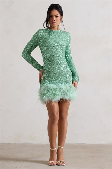 Claudia Mint Sequin High Neck Feather Hem Mini Dress With Long Sleev