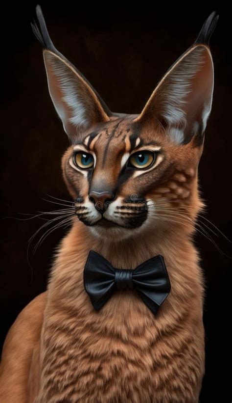 Realistic Portrait Illustration Art Showcasing Cute Caracal Wearing Bow